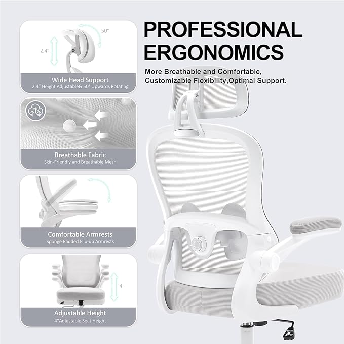 TUKAKA Ergonomic Office Chair,Ultra Thick Office Desk Chair with Adjustable Lumbar Support and Headrest,Spring Cushion,Rocking Function,Flip-up arms,Mesh Computer Chair for Home Office,Grey