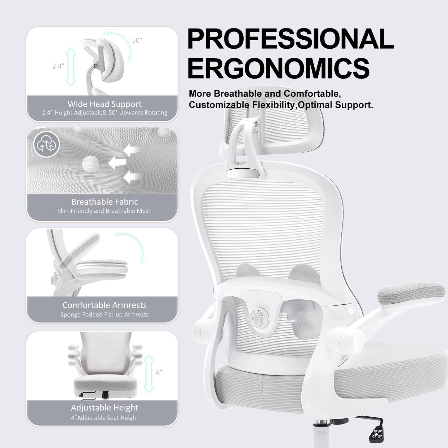 TUKAKA Ergonomic Office Chair,Ultra Thick Office Desk Chair with Adjustable Lumbar Support and Headrest,Spring Cushion,Rocking Function,Flip-up arms,Mesh Computer Chair for Home Office,Grey
