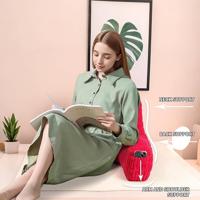 PAJEO Reading Pillow for Sitting in Bed, Large Backrest Reading Pillow with Arm Rest,Back-Rest Support Cushion for Sit Up on Couch, Sofa, and Floor, Dorm Essentials (Red Corduroy, Large(19"))