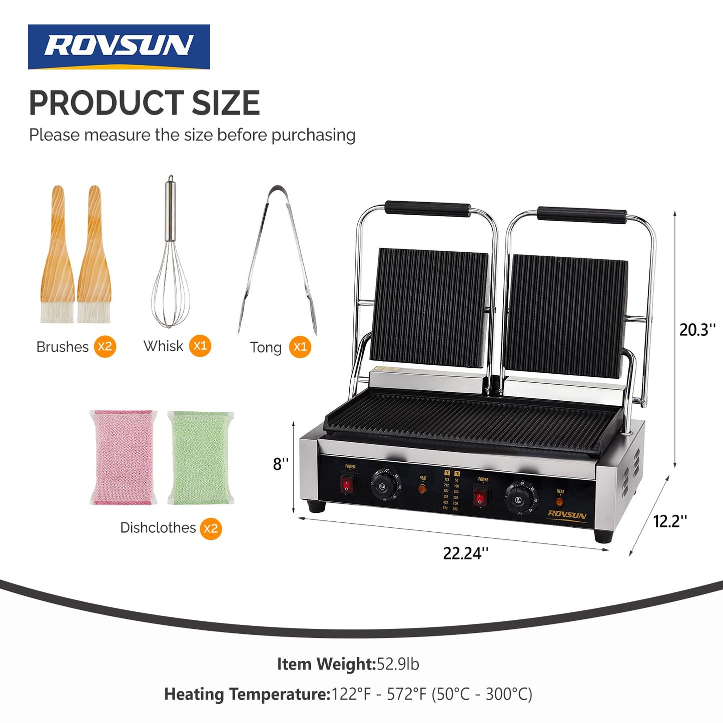 ROVSUN 813 Commercial Panini Press Grill, 3600W Stainless Steel Electric Countertop Sandwich Maker with Adjustable Temp 122°F–572°F, For Steak, Burgers, Home & Restaurant Use, 110V, Silver