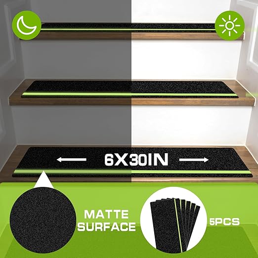 LadyRosian Outdoor Stair Treads Non Slip 5-Pack Black Glow 6" x 30" - Weather Resistant Adhesive Heavy Grip Tape - Waterproof Anti Skid Strips- Glow in The Dark 80-Grit Adhesive Treads