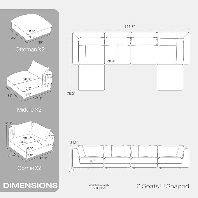Fajiani Oversized Modular Sectional Sofa,Cloud Couch Deep Seat Sofa Cushion Covers Removable, Oversized Sectional Couches for Living Room (6 Seater U Shaped-Cream White)