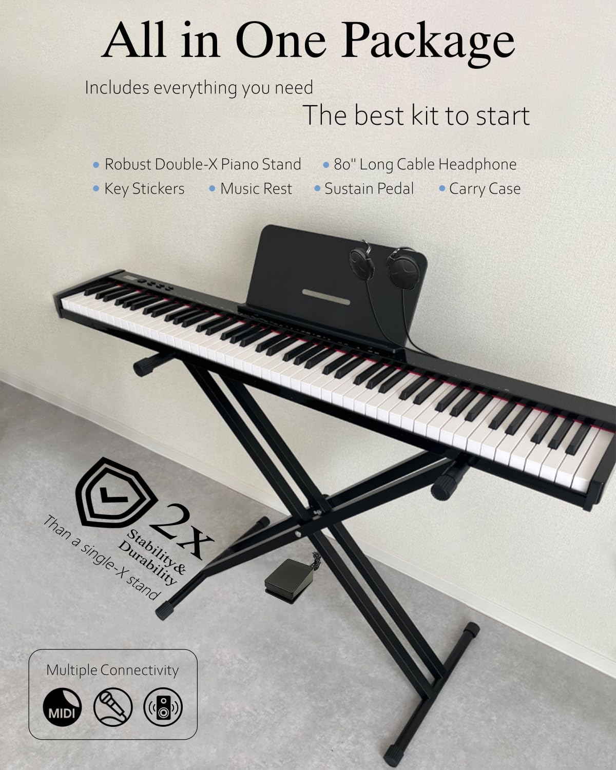 Longeye Piano Keyboard 88 Keys Compact Digital Piano for Beginners with Full Size Semi Weighted Keys, Sustain Pedal, Headphones, Carrying Case (88 Key With Stand, Black)