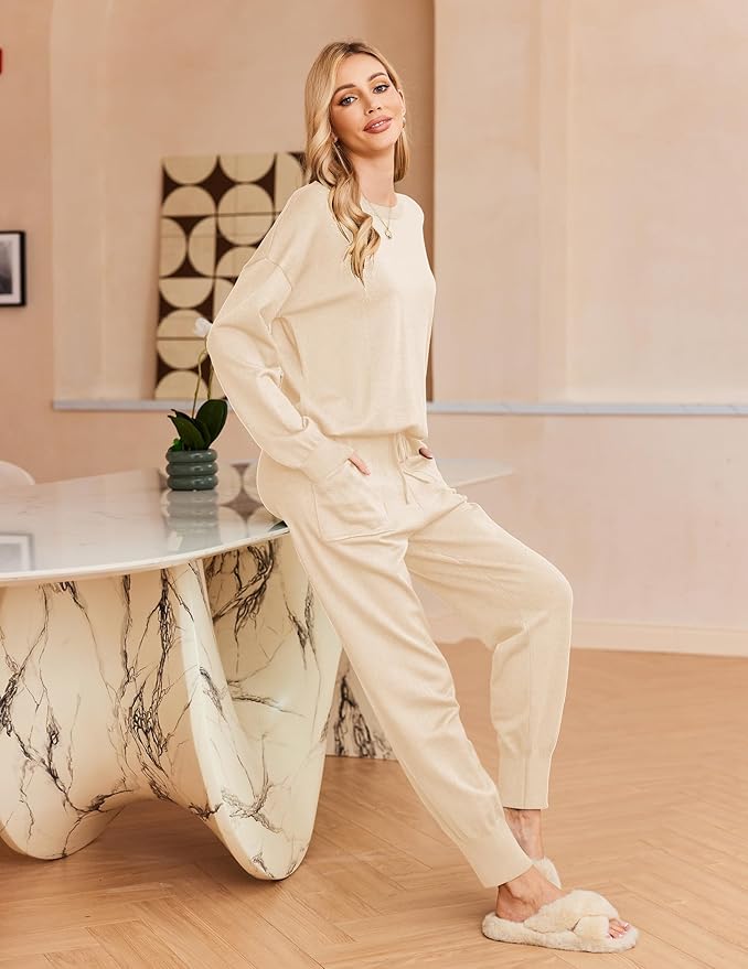 Ekouaer Women's 2 Piece Lounge Set Long Sleeve Knit Pajamas Sweatsuit Jogger Pant Outfits With Pockets S-XXL