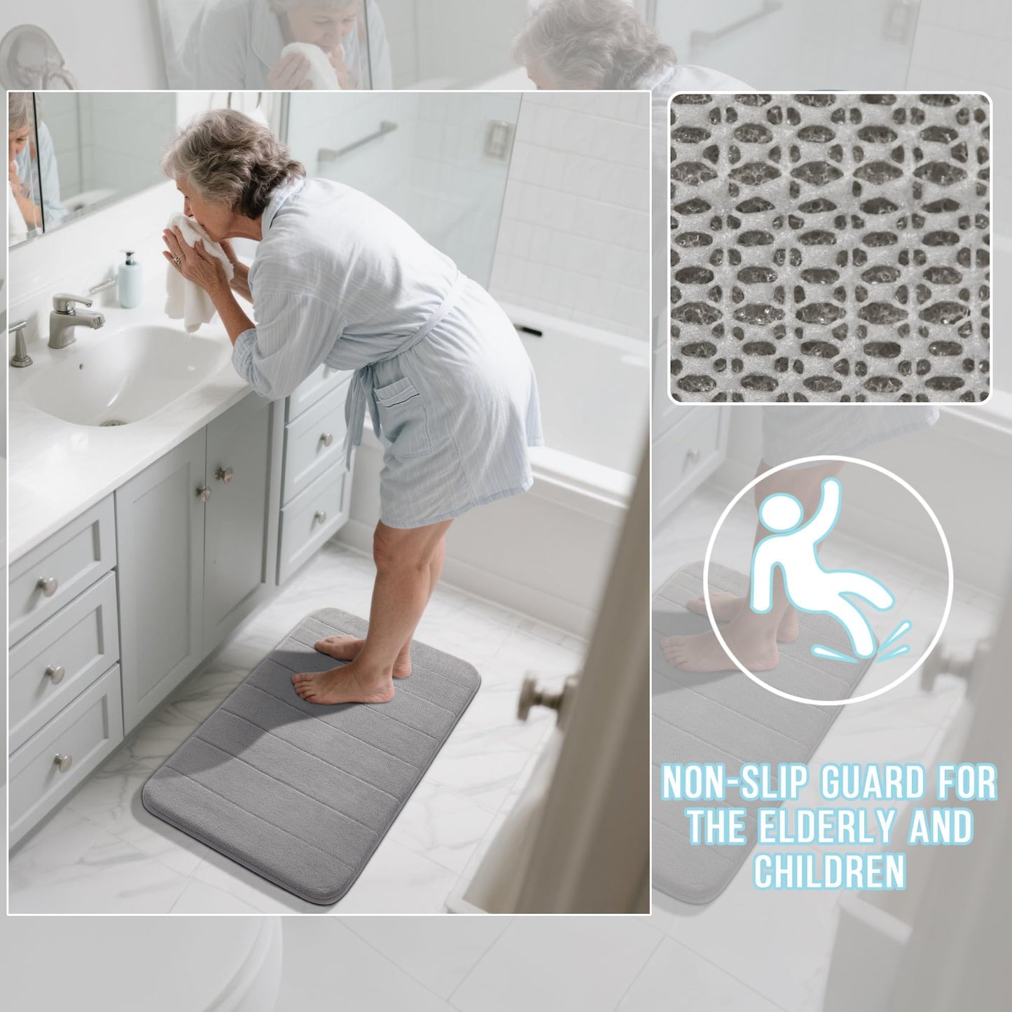 Yimobra Memory Foam Bath Mat, Super Soft Absorbent Bathroom Rug Non Slip 24x17 Inch, Quick Dry, Machine Washable Floor Carpet for Tub Shower, Home Decor Accessories, Gray