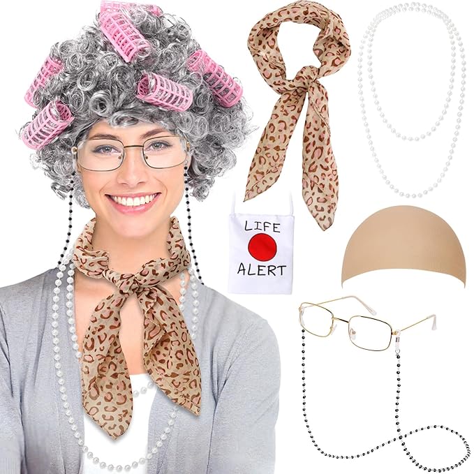 Boutrele Old Lady Costume for Kids Women,100 Days of School Costume Girls,Granny Grandma Costumes Wig Accessories