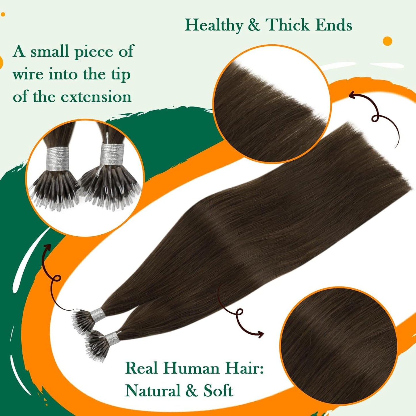 Easyouth Straight Nano Beads Hair Extensions Human Hair Brown Nano Tip Hair Extension Real Hair Darkest Brown Nanos Ring Extensi