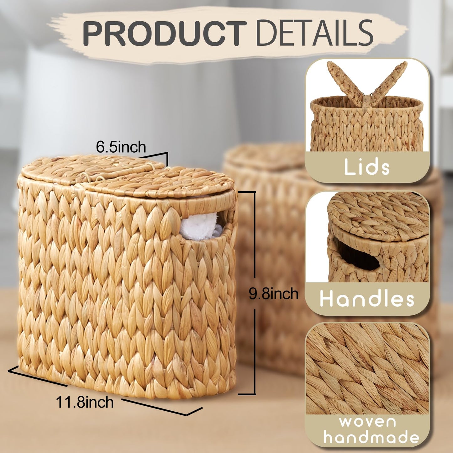 ELONG HOME Toilet Paper Basket with Lid, Water Hyacinth Wicker Toilet Paper Storage Holder for 4 Rolls, Toilet Paper Storage for Bathroom