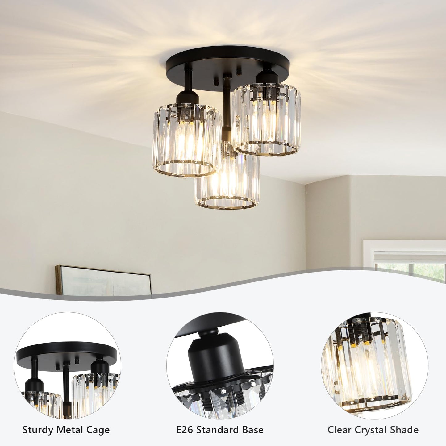 PAUFUL Crystal Semi Flush Mount Ceiling Light,3-Light Modern Close to Ceiling Light Fixtures,Black Kitchen Light Fixtures with Clear Crystal Shade,Hallway Light Fixtures for Hallway Bedroom Bathroom