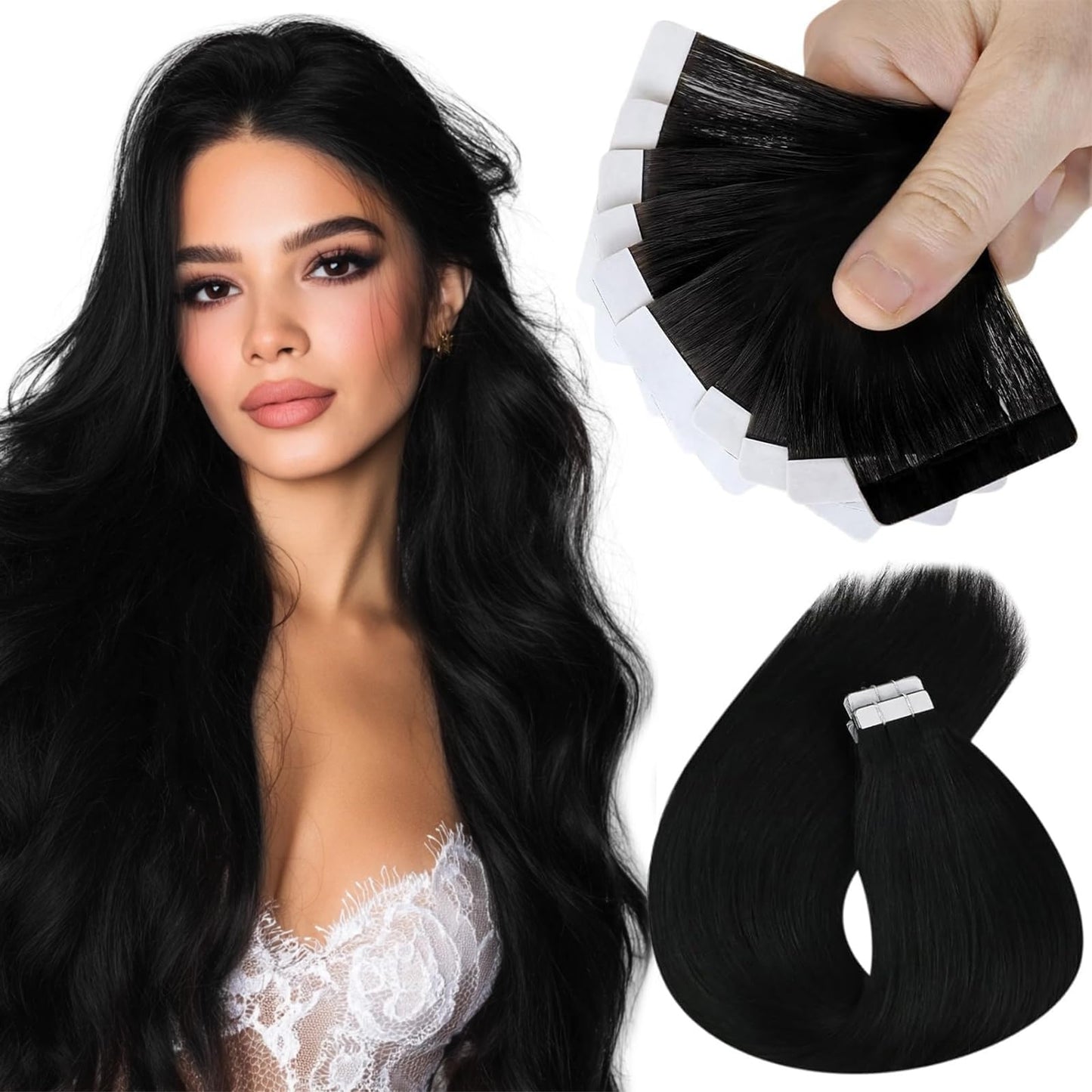Sunny Hair Tape in Hair Extensions Real Human Hair Invisible Remy Hair Extensions Tape ins for Women Jet Black 18 inch 25G