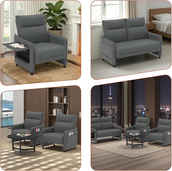 Tbillionnext 3-Piece Living Room Sofa Set, Faux Leather Loveseat & Accent Chairs Set of 2 with Hidden Foldable Tray & Side Pocket, Rear Contour Arm Design, Upholstered Sofa Set for Office, Gray