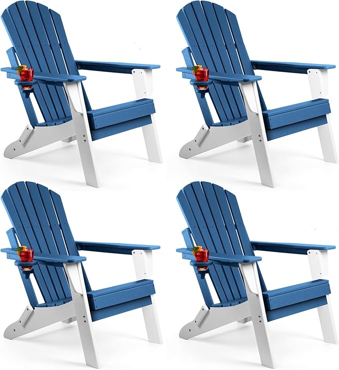 FUNBERRY Folding Adirondack Chair Set of 4, Blue & White All Weather HDPE Fire Pit Chairs with Cup Holder for Outdoor
