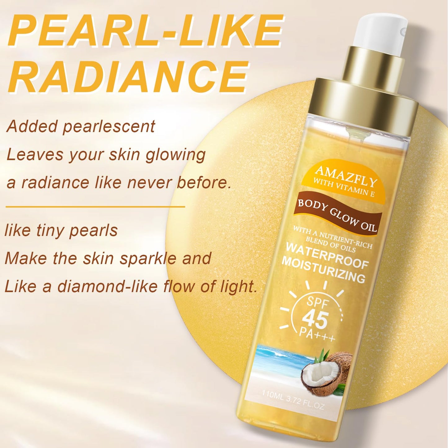 Body Glow Oil, SPF 45 PA+++, Sunscreen Body Oil with Rose Gold Mica, Moisturizing Coconut with Vitamin E, Glow Moisturizer, Ligh
