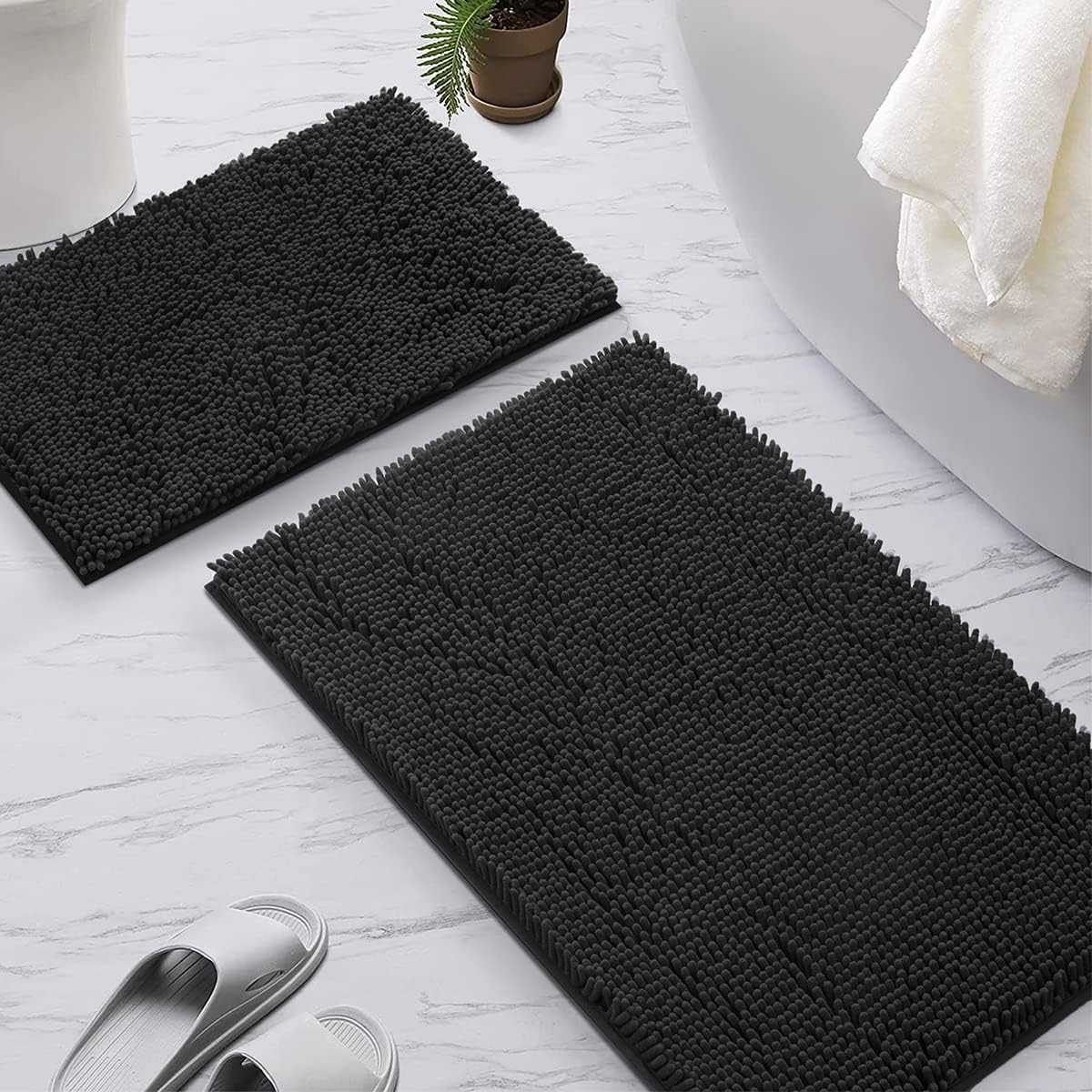 SONORO KATE Bathroom Rug,Non-Slip Bath Mat,Soft Cozy Shaggy Thick Bath Rugs for Bathroom,Plush Rugs for Bathtubs,Water Absorbent Rain Showers and Under The Sink (Black, 36" x 24" Plus 17" x 24")