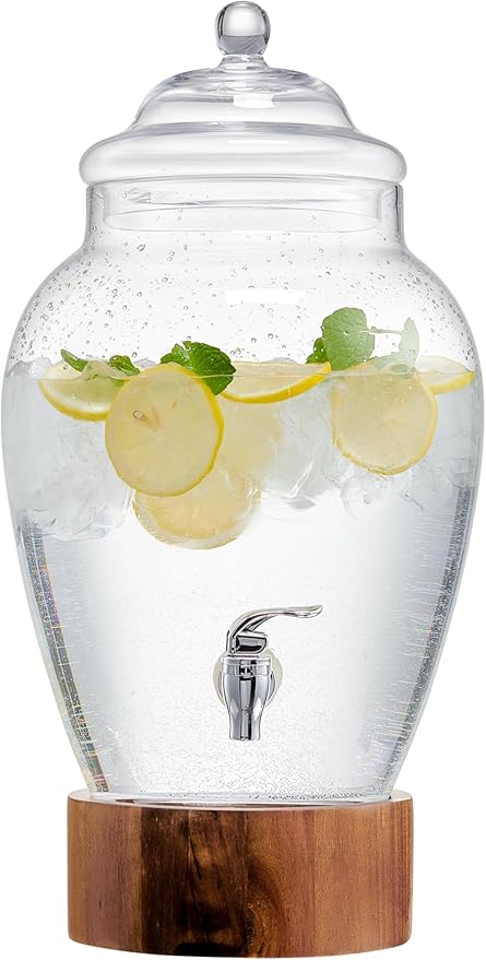 American Atelier Madera Beverage Dispenser Cold Drink Dispenser w/ 3-Gallon Capacity Glass Jug, Leak-Proof Acrylic Spigot ...
