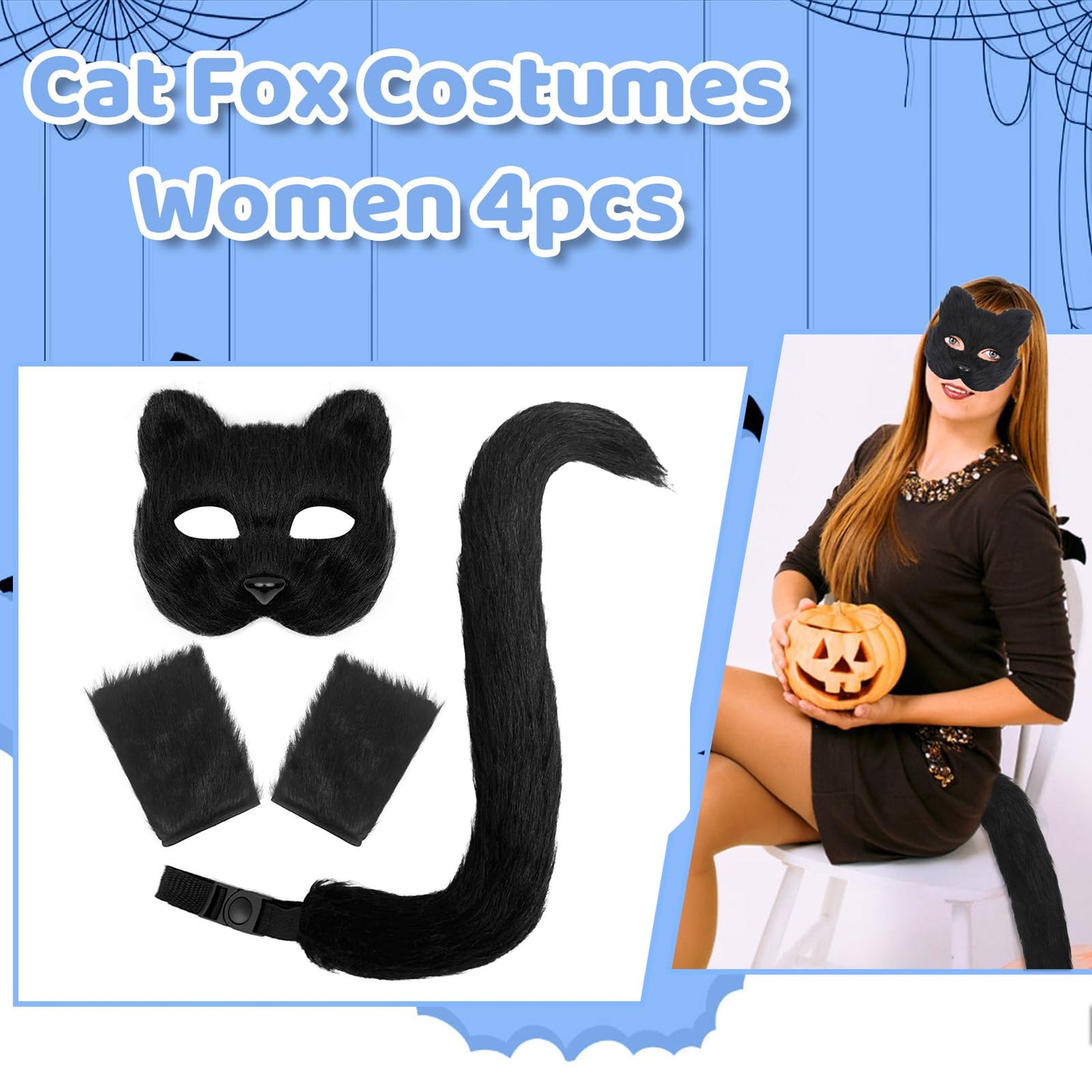 FunMular Therian Mask and Tail Cat Masks Animal Tail Fox Glove Set Furry Paws for Halloween Party Costume (Black)