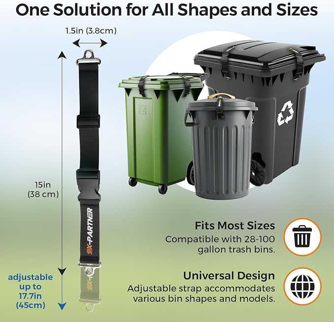 2PCS Heavy-Duty Bear Proof Trash Can Locks - Animal-Proof Garbage Can Lid Straps for 28-96 Gallon Outdoor Bins, Secure Locking Buckle Against Raccoons & Wildlife
