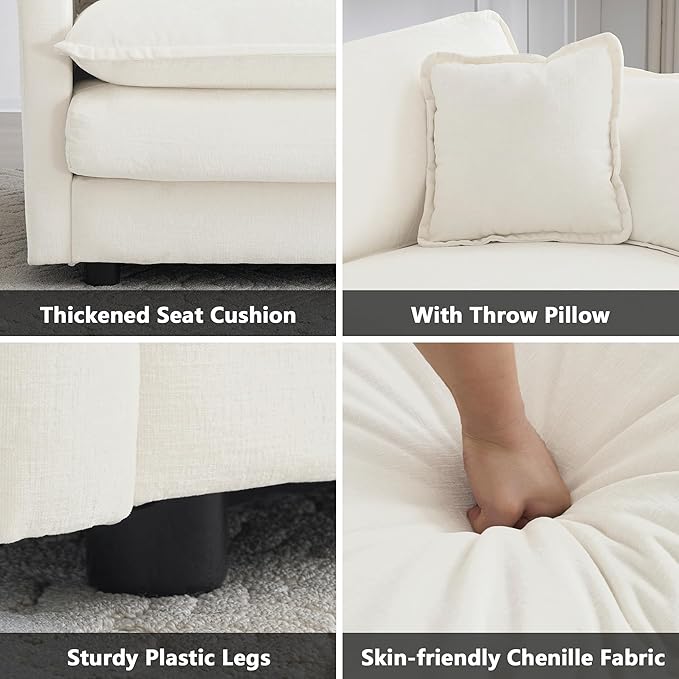 mikibama Luxury Modular Sectional Sofa, 111.5" Modern Chenille Comfy Cloud Couches for Living Room Office, 3 Seater Deep Sofa with 2 Armrest Pillows and 3 Toss Pillows, Beige