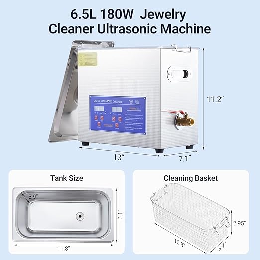 Industrial Heated Ultrasonic Cleaner 6.5L 180W 40kHz，Digital Timer & Temperature Control 0-80°C，Stainless Steel Tank for Tools, Electronics, Jewelry, and Precision Parts