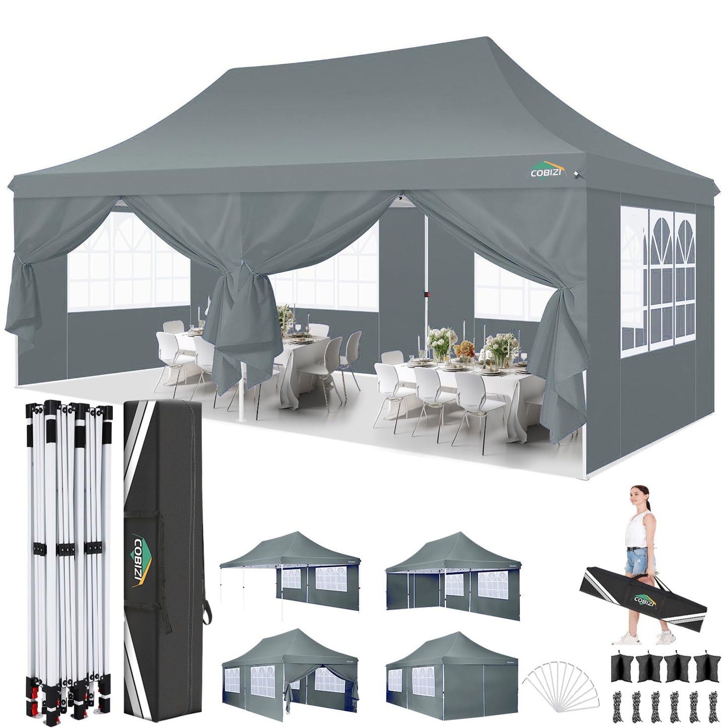 COBIZI 10x20 Pop Up Canopy with 6 Sidewalls, Conical Party Tent 10x20 with 3 Adjustable Height Waterproof, UV-Resistant with Carry Bag, Sandbag, Stake, Ropes for Parties, Commercial (Frame Upgraded)