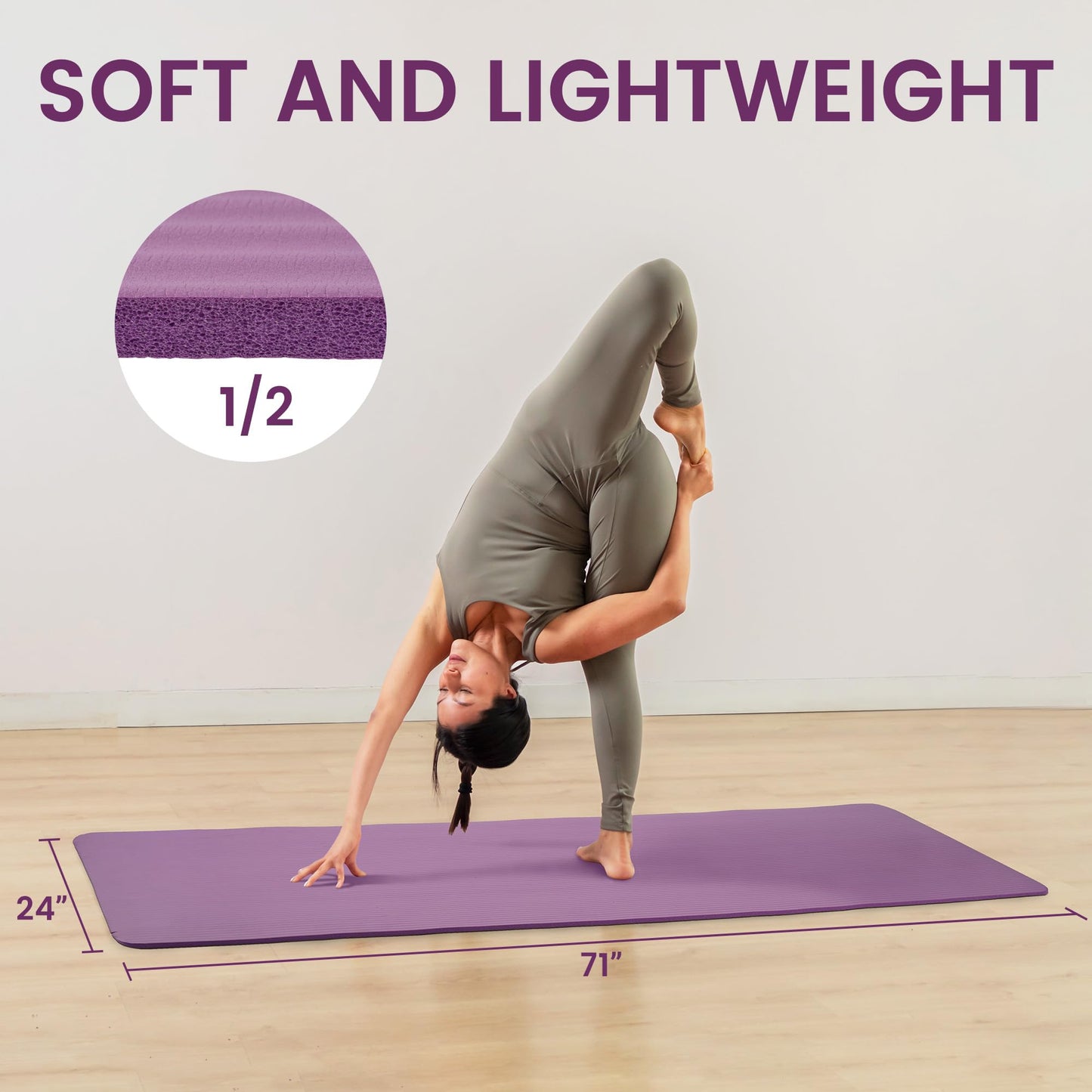 Fitvids 1/2-Inch Thick High Density Foam Exercise Yoga Mat with Carrying Strap, For Cushioning The Body Against Hard Floors, Taro Purple