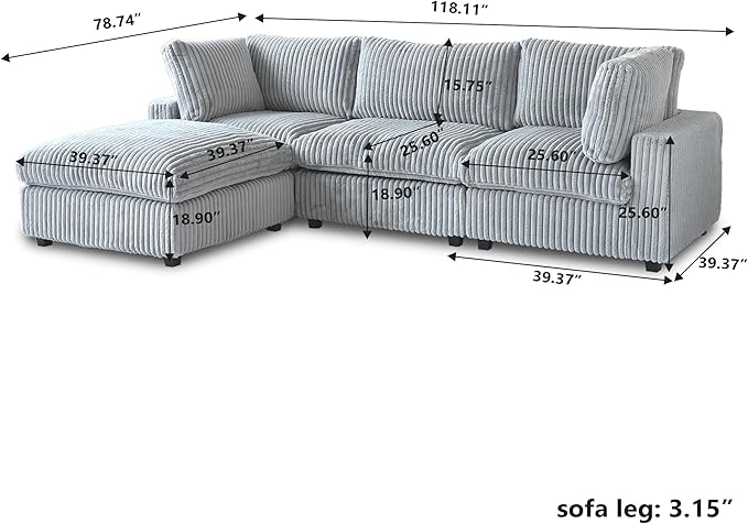 Modular Sectional Sofa/ 118inch Cloud Couches with Ottoman for Living Room/Soft Faux Rabbit Fur L Shaped Couch with Chaise,4 Seater Wide Convertible Sofa,Covers Washable&Replaceable,Grey