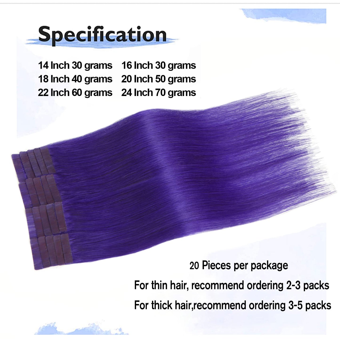 Purple Tape in Hair Extensions Human Hair Extensions Silky Straight100% Remy Purple Pack Human Hair for Women 20 Pcs/Package(22I