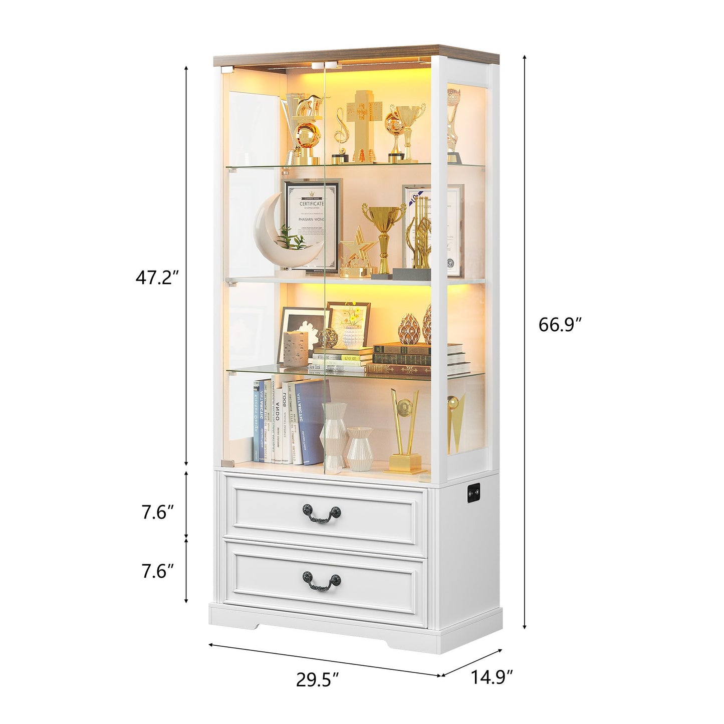 TAGELIER 67" Tall Display Cabinet with Glass Doors and 2 Drawers, Adjustable Glass Height Bookcase, Curio Cabinet with 3 LED Lights and Human Body Sensor (White)