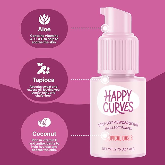 HAPPY CURVES Comfort Powder: Talc Free Anti Chafe Body & Foot Dusting Powder Deodorant to Control Inner Thigh Chafing, and Private Areas (2.75 Ounce (Pack of 1), Tropical Oasis)