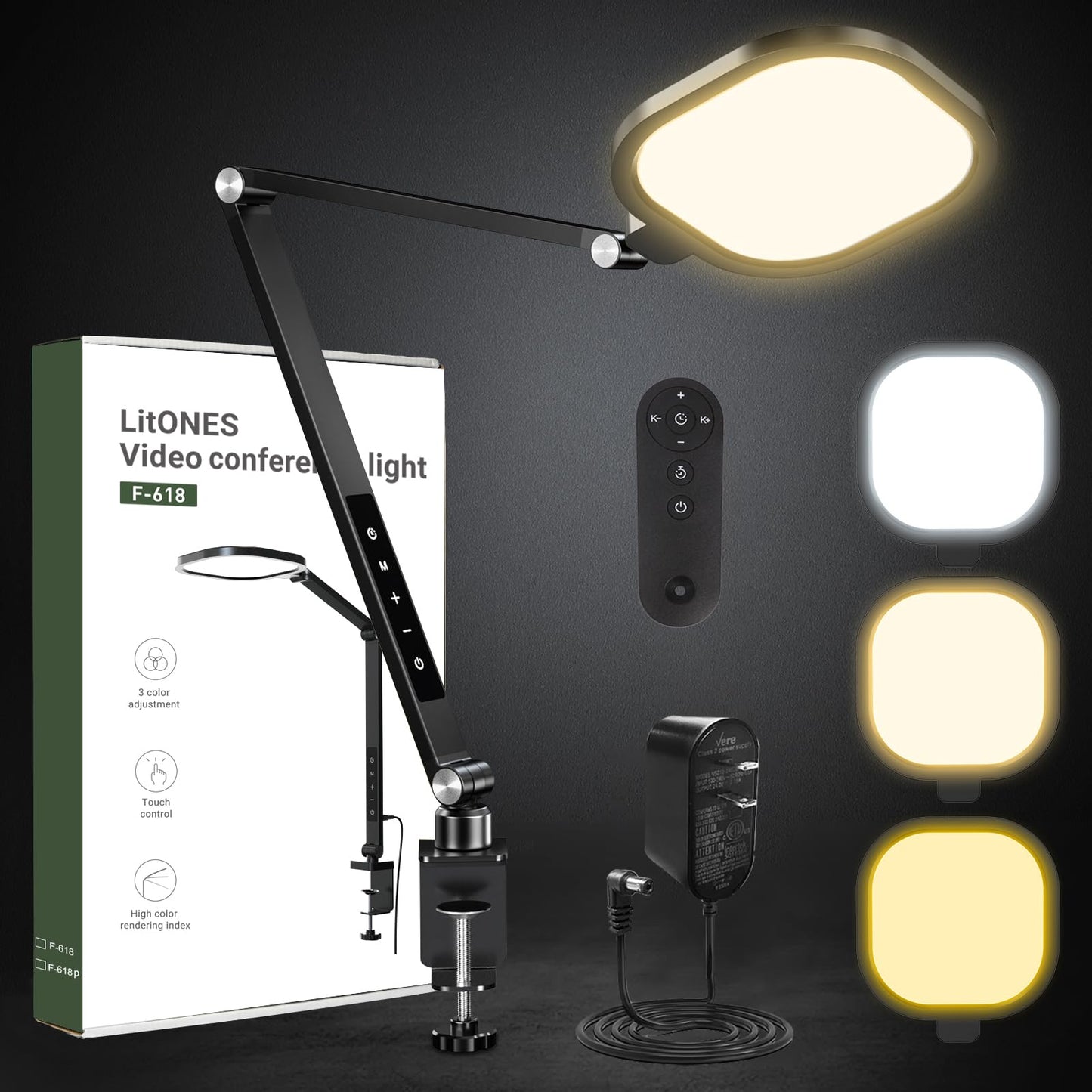LitONES Video Conference Light for Computer, Dimmable Camera Lighting for Video Recording, Meeting, Laptop & Webcam, 15W Ring Light with C- Clamp,Swing Arm, Remote, Memory & Timer CRI >95