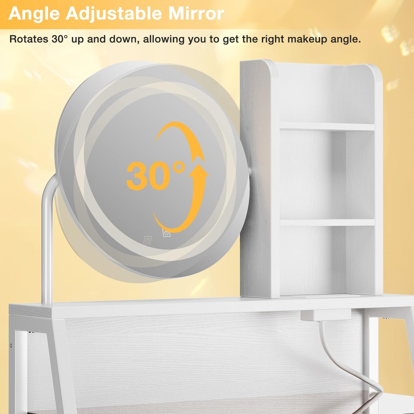 Memobarco Vanity Desk with Mirror and Lights, Makeup Vanity with Storage Shelf & 2 Drawers, Small Vanity with 3 Color Modes & Brightness Adjustable, Vanity Desk with Power Outlet & Light Strip, White