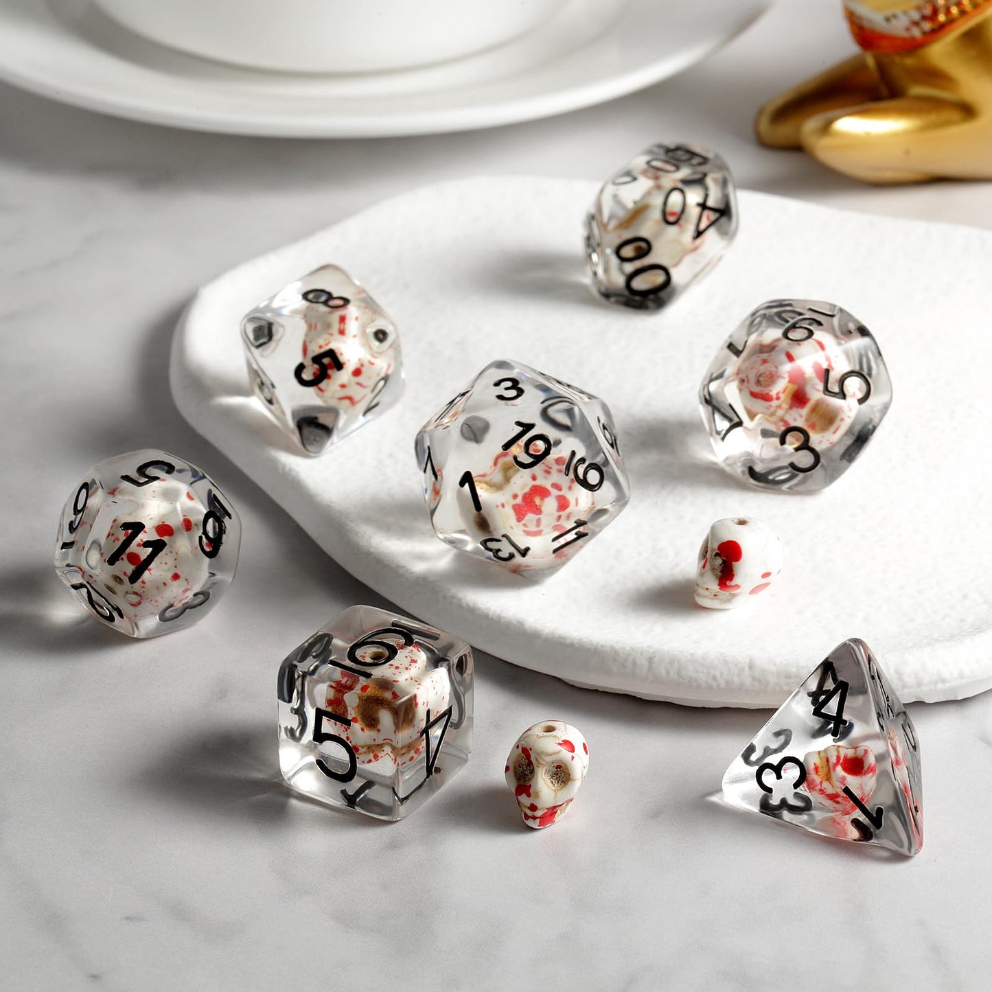 DNDND Blood Spot Skull Resin Dice Set with Velvet Pouch for Dungeons and Dragons DND Role Playing Games and Tabletop Games