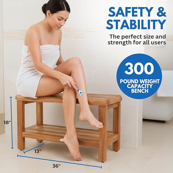 EcoDecors Teak Shower Bench with Large Storage Shelf 36", 300 lb Capacity – Waterproof Bathroom Seat with Non-Slip Feet, Elegant Natural Teak Finish, Ideal for Adults, Seniors, & Spa-Style Bathrooms