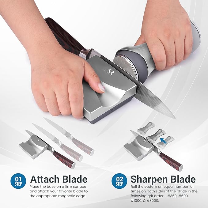 ARZEN Professional Rolling Magnetic Knife Sharpener with Anti Cut Gloves – 4 Diamond & Ceramic Discs Multi Angle Kitchen Sharpening Tool for Knives – Efficient & Precision Edge Restoration