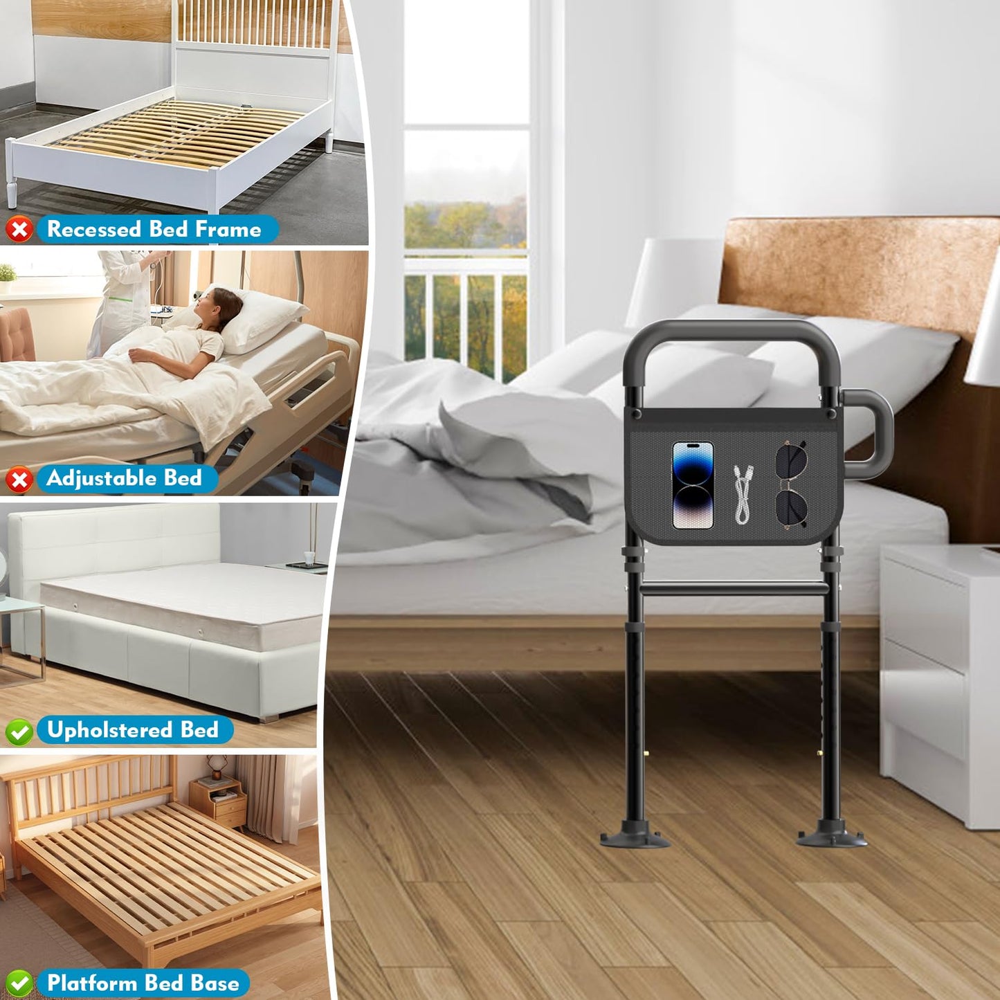 Bed Rails for Elderly Adults Safety, ASTM Approved Adjustable Bed Assist Rail for Seniors, Non-Slip Ergonomic Handle, 400lb Weight Capacity, Storage Pocket & Fixing Strap, Fits Twin/Full/Queen/King