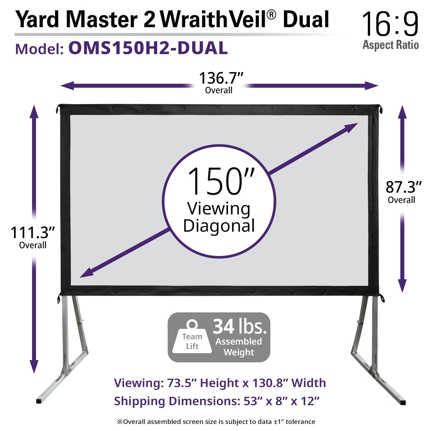 Elite Screens Yard Master 2 DUAL Projector Screen, 150-INCH 16:9, Front and Rear 4K/8K Ultra HD, Active 3D, HDR Ready Projection, OMS150H2-DUAL