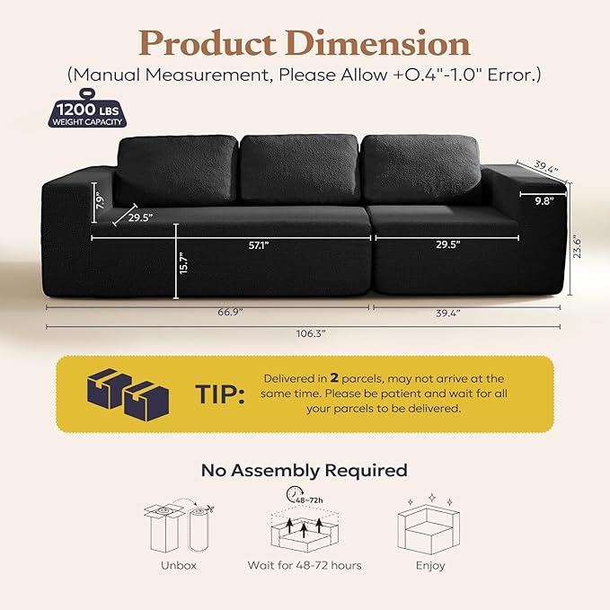 Furnify 106" 3-Seater Sofa, Cloud Modular Sofa with Certified Foam, Upholstered Floor Sofa with Deep Seat, Upholstered Sofa for Bedroom Living Room, No Assembly Required (Black, Teddy Boucle)