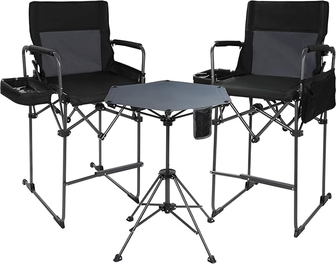 Stonehomy Tall Folding Directors Chairs 2Pack & Adjustable Height Folding Table Set,Portable Outdoor Bar Table & Foldable Director Chairs with Makeup Pocket for Backyard,Beach,Travel with Storage Bag