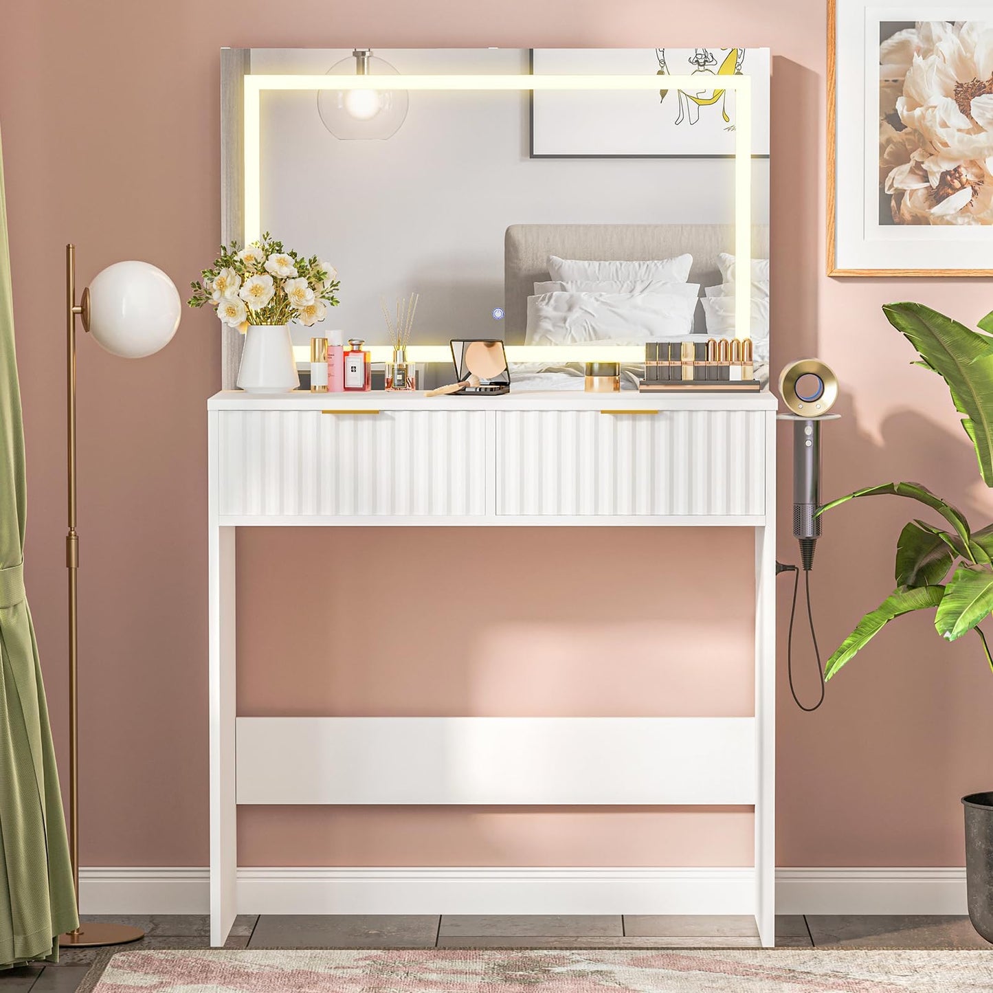GAOMON Vanity Desk with Mirror and Lights, Fluted Wood Makeup Vanity with 2 Drawers, Modern Dressing Table with 3 Lighting Modes & Charging Station, Hair Dryer Rack for Bedroom, Light Wood/Gold