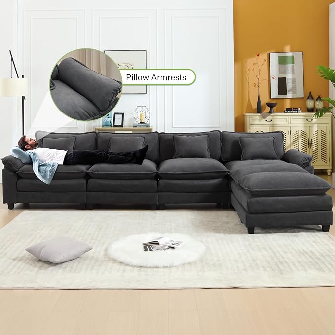 Oprisen 154" Modular Sectional Sofa, Comfy Cloud Couch Sectional Sofa with Ottoman, Velvet Sofa Sleeper Deep Seat Sofa with Throw Pillows for Living Room (Blue Gray, 154"- U Shape)
