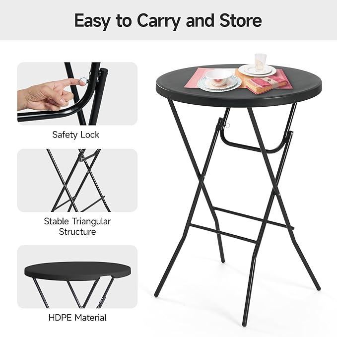 Winlice 32'' Round Folding Table, HDPE Portable Bar Height Table with Removable Legs for Indoor Outdoor Wedding Event, Gathering, Parties, Commercial Events, Black