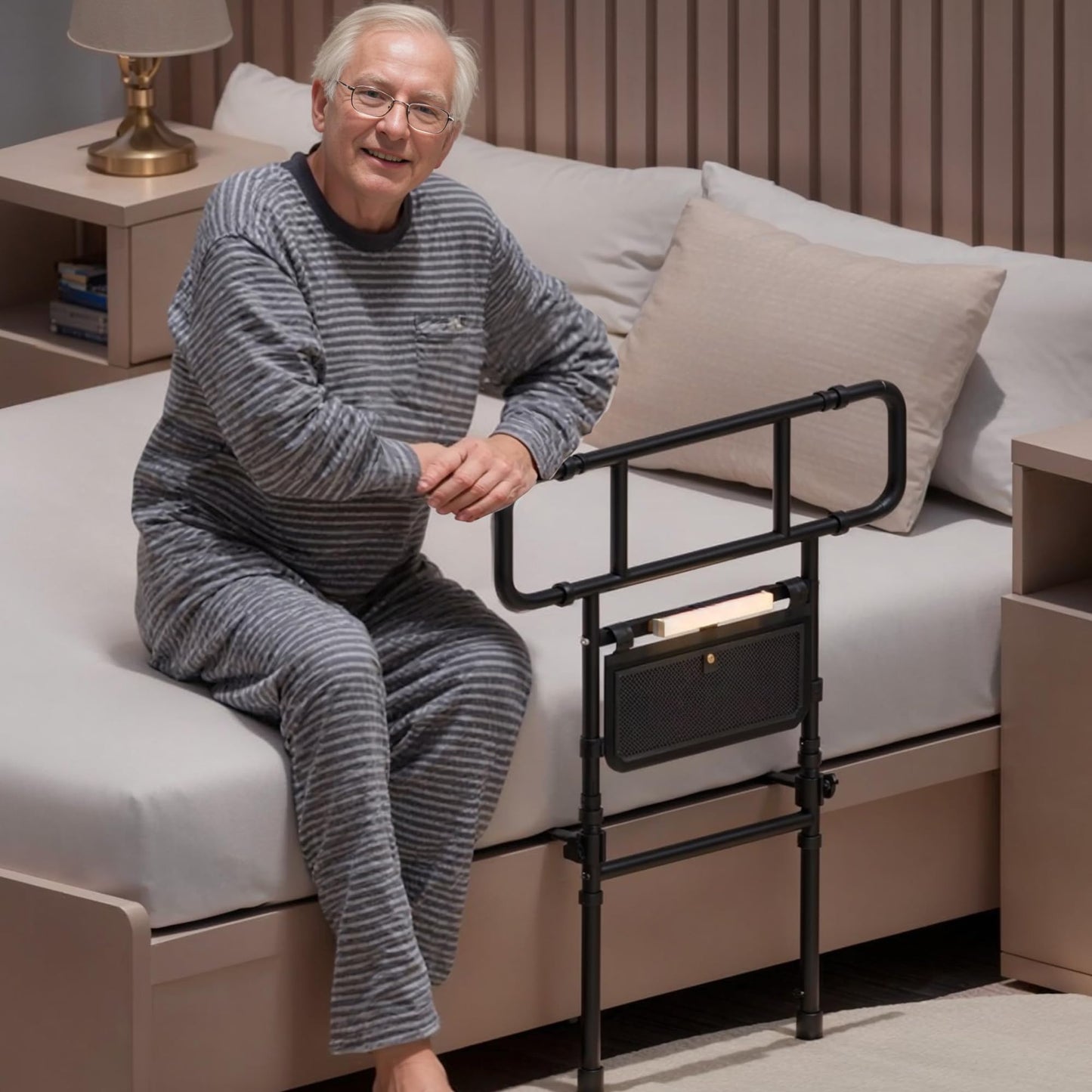 Com MUMU Bed Rails for Elderly Adults Safety - Adjustable Bed Assist Rail Bar for Seniors with Motion Light & Storage Pocket, Side Bed Rail Handle Support Guard Bar Rails for King Queen Full Twin Bed