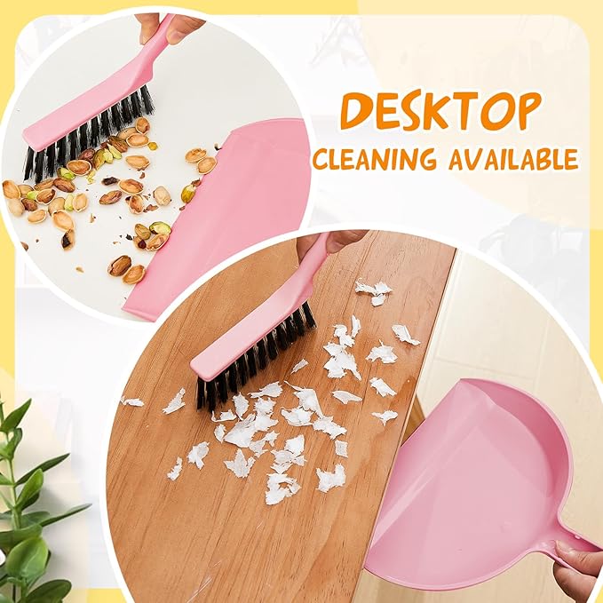 Sliner 18 Pack Mini Dustpan and Brush Set Plastic Dust Pans with Brush Small Broom and Dustpan Set Mini Broom Dust Pan for Home Office Kitchen Table Desktop Floor Cleaning Supplies (Pink)