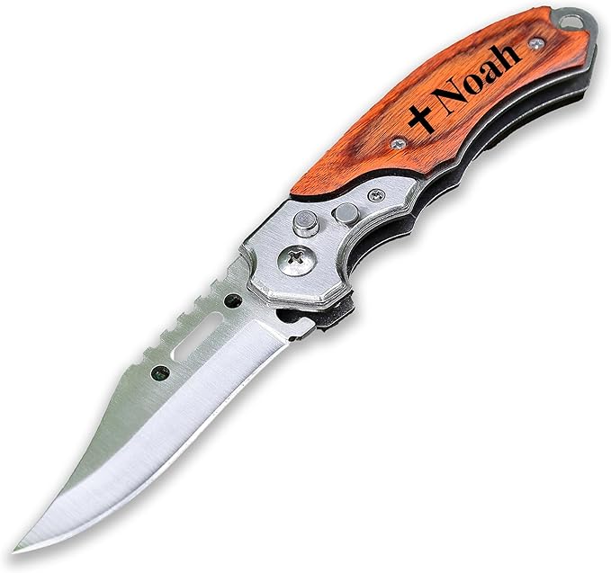 Custom Pocket Knife for Men | Laser Engraved Wood Handle Knife for Camping Hunting with Sheath | Groomsmen Folding Blade |...