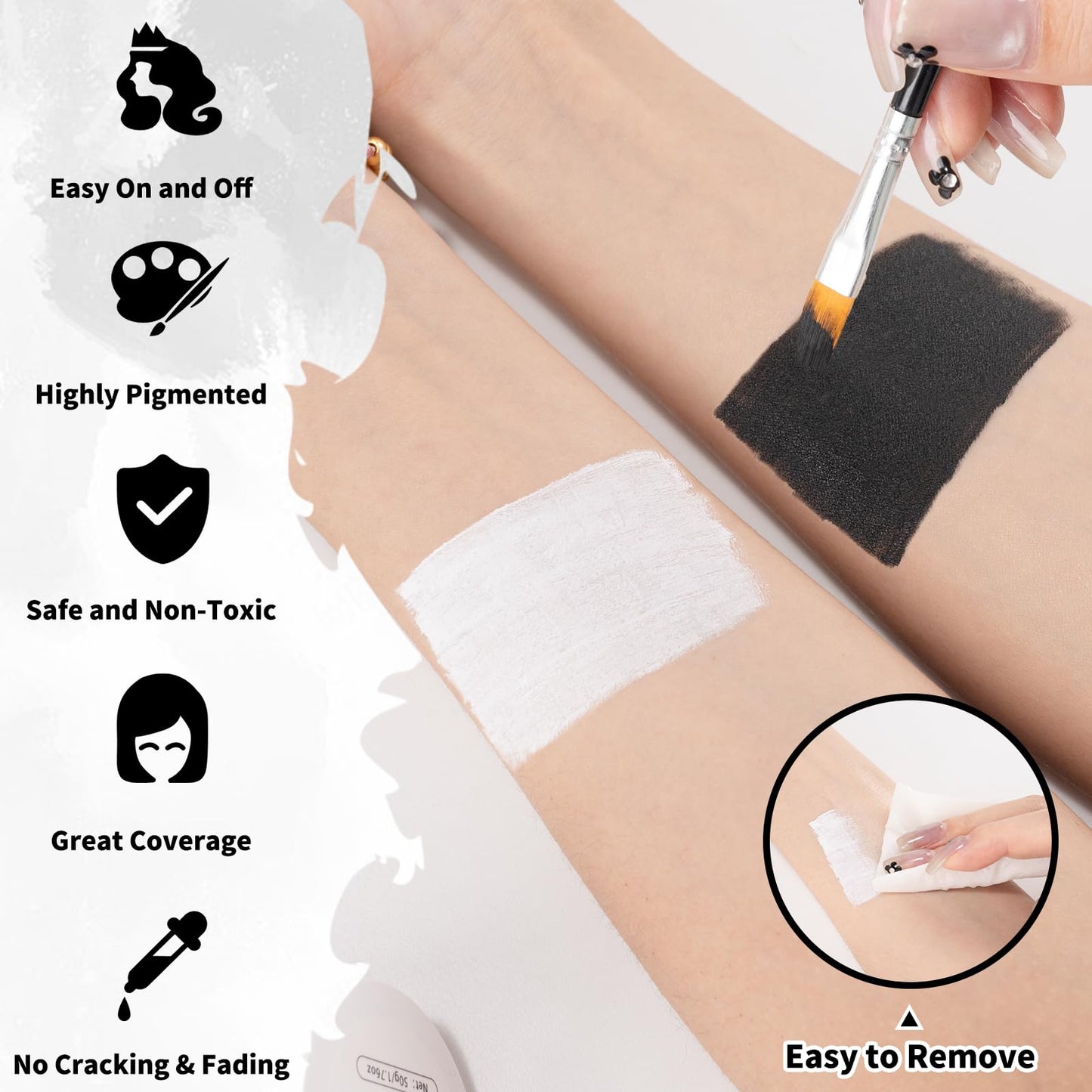 TonJin Black + White Face Body Paint Set 3.5oz/100g, Non-Toxic Professional Facepaint Makeup Kit with 2 Brushes for Kids & Adult