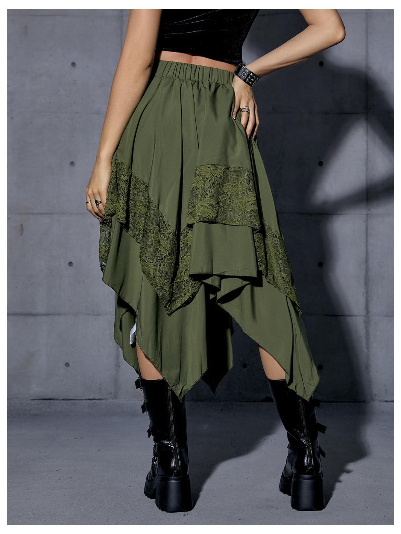 Verdusa Women's Renaissance Flowy Fairy Skirt Y2k Contrast Lace Layered Asymmetrical Midi Skirts Army Green X-Small