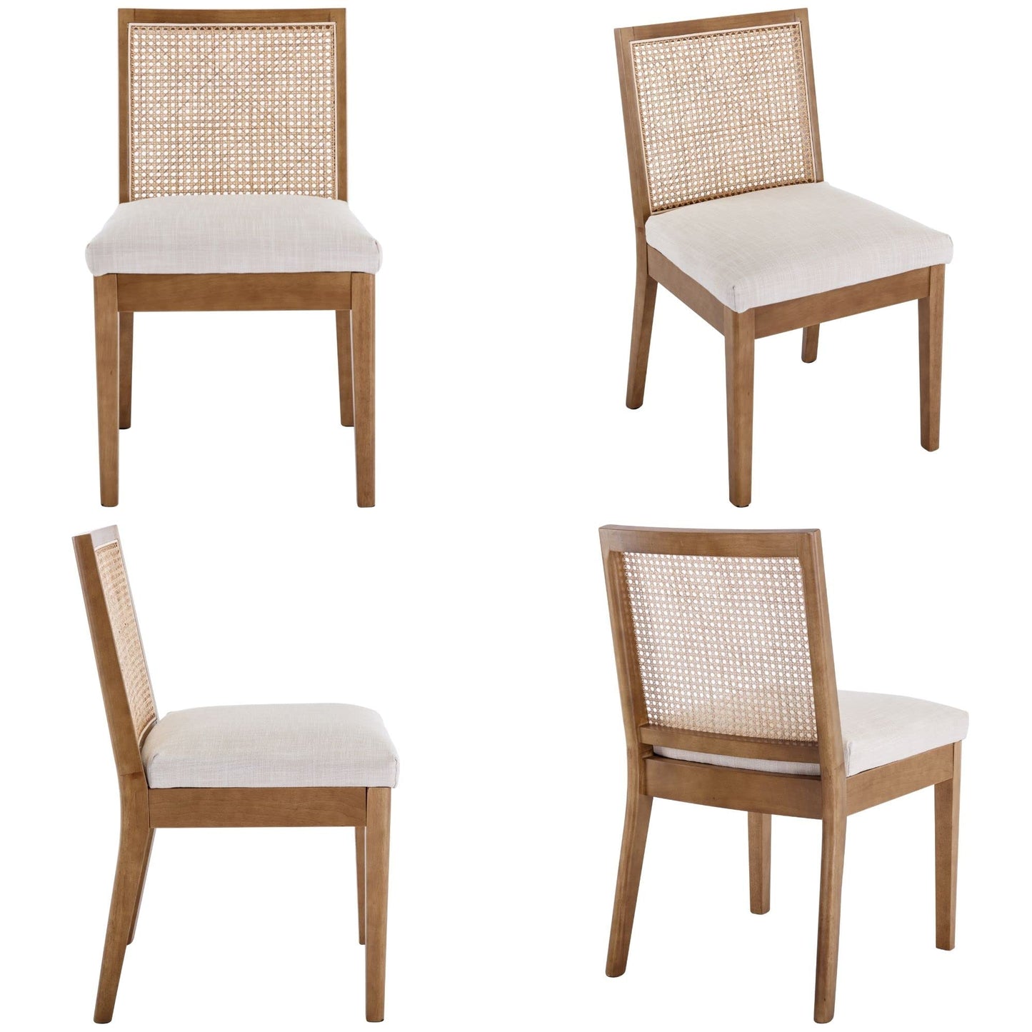 BESTANO Rattan Dining Chairs Set of 4 Natural Wooden Dining Room Chairs Rectangle Cane Country Kitchen Chairs Linen Upholstered Dining Chairs, Cream