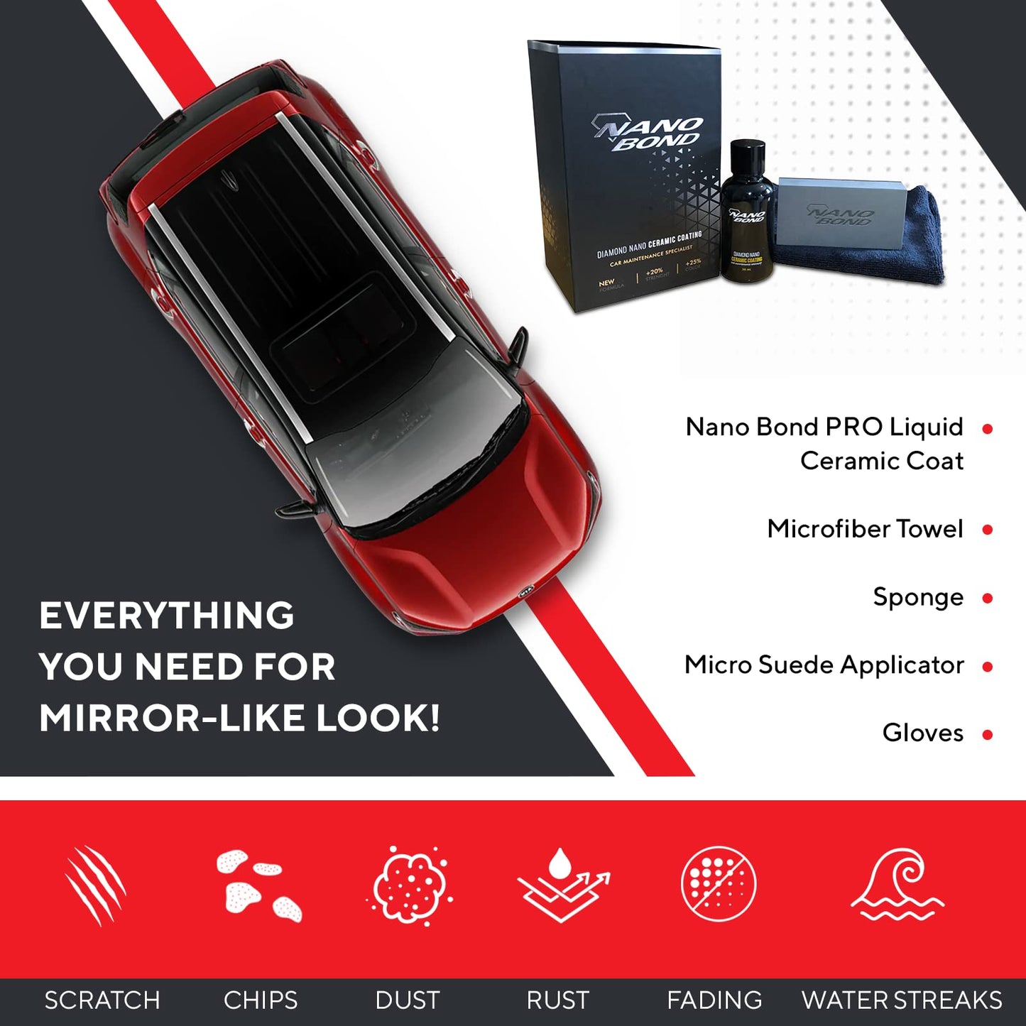 Nano Bond Professional Ceramic Coating for Cars - High Gloss Paint Protection Kit, UV & Corrsion Resistant for, Wheels, Glass, Plastic, Easy Application, Ultra Hydrophobic, Long Lasting, Shine, 30ml
