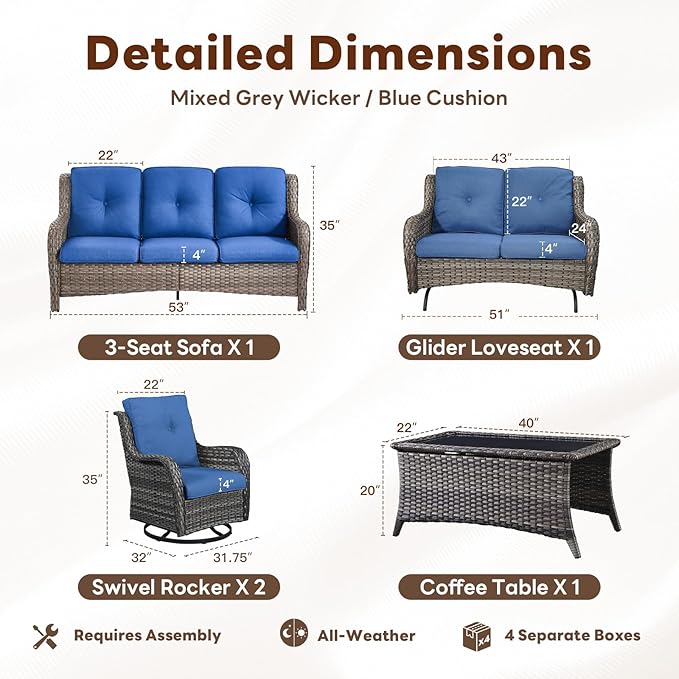 Belord 5 Piece Outdoor Patio Furniture Set - Outdoor Conversation Couch and Loveseat Glider Chair Furniture Set with Rattan Coffee Table for Deck Balcony Poolside Gray Wicker/Blue Cushions