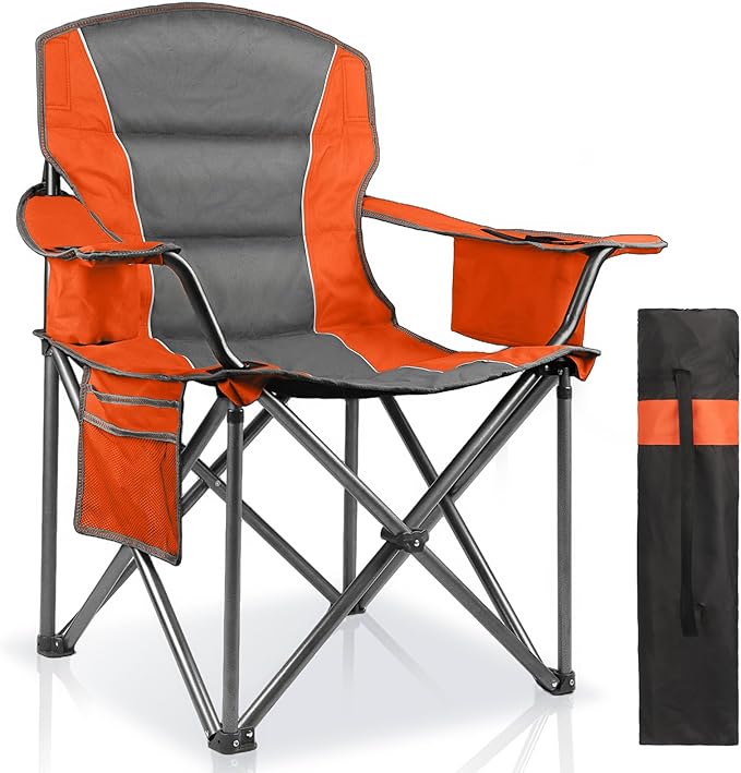 LANMOUNTAIN Oversized Padded Camping Chairs for Adults,Heavy Duty Support 400 Lbs,Folding Portable Lawn Chair w/Cup Holder,Cooler Bag,Side Pocket,Perfect for Outdoor Picnic,Hiking(Orange)